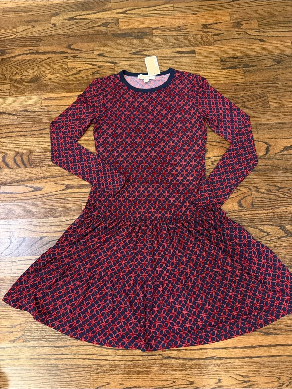 NWT Michael Kors Red & Navy Patterned Long-Sleeve Dress